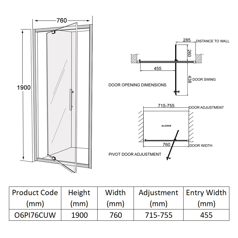 Coram Optima 6 White Pivot Shower Door 760mm Wide - 6mm Glass  | Dimension Image