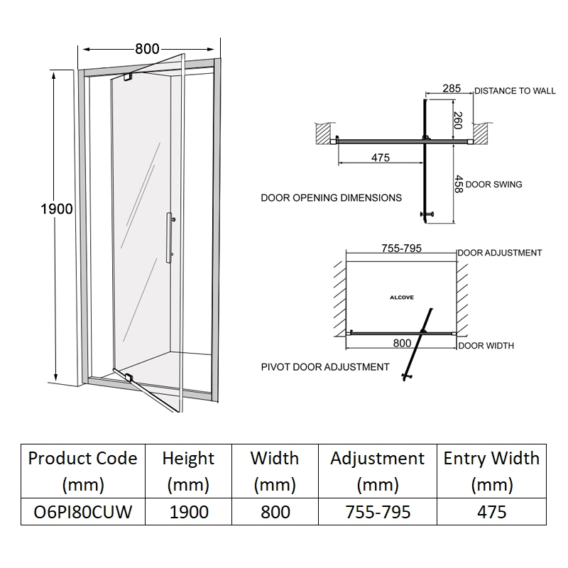 Coram Optima 6 White Pivot Shower Door 800mm Wide - 6mm Glass