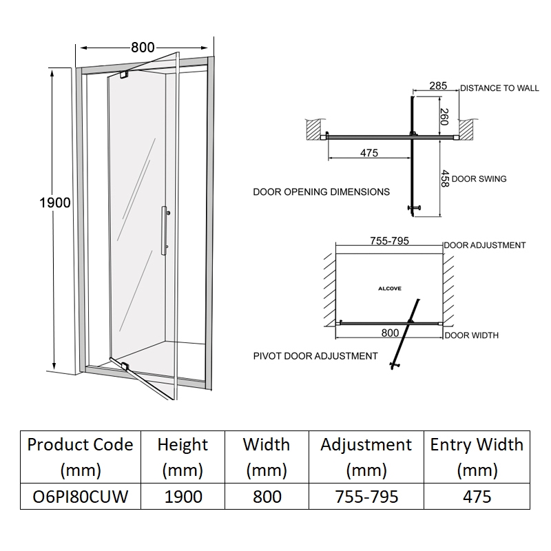 Coram Optima 6 White Pivot Shower Door 800mm Wide - 6mm Glass  | Dimension Image