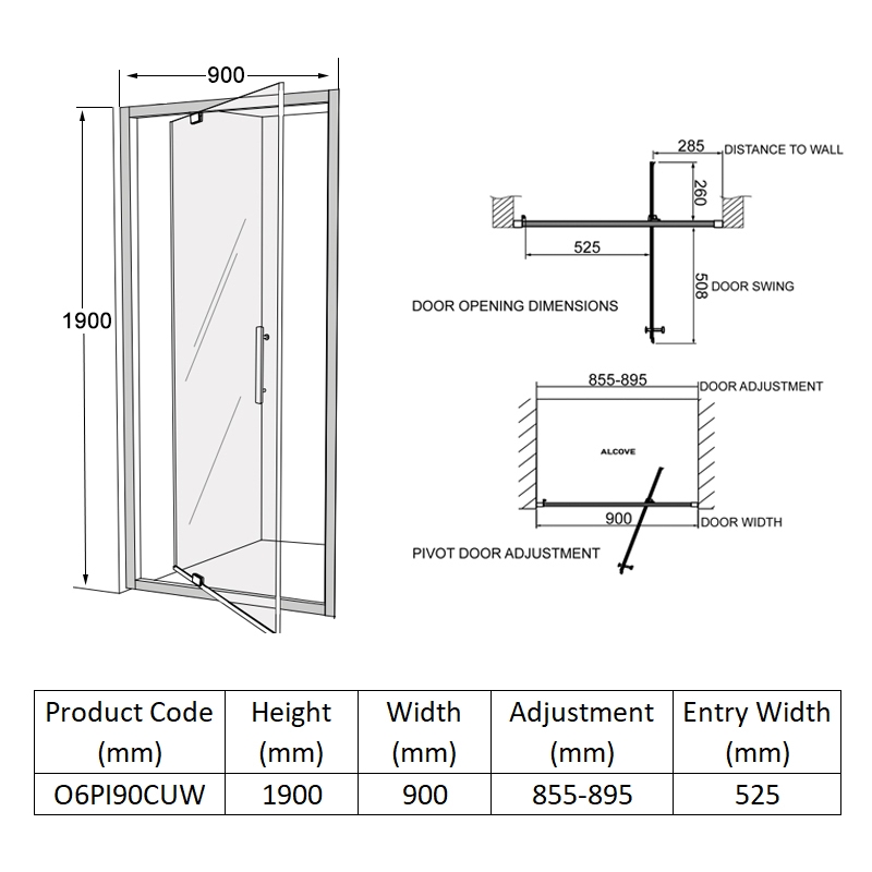 Coram Optima 6 White Pivot Shower Door 900mm Wide - 6mm Glass