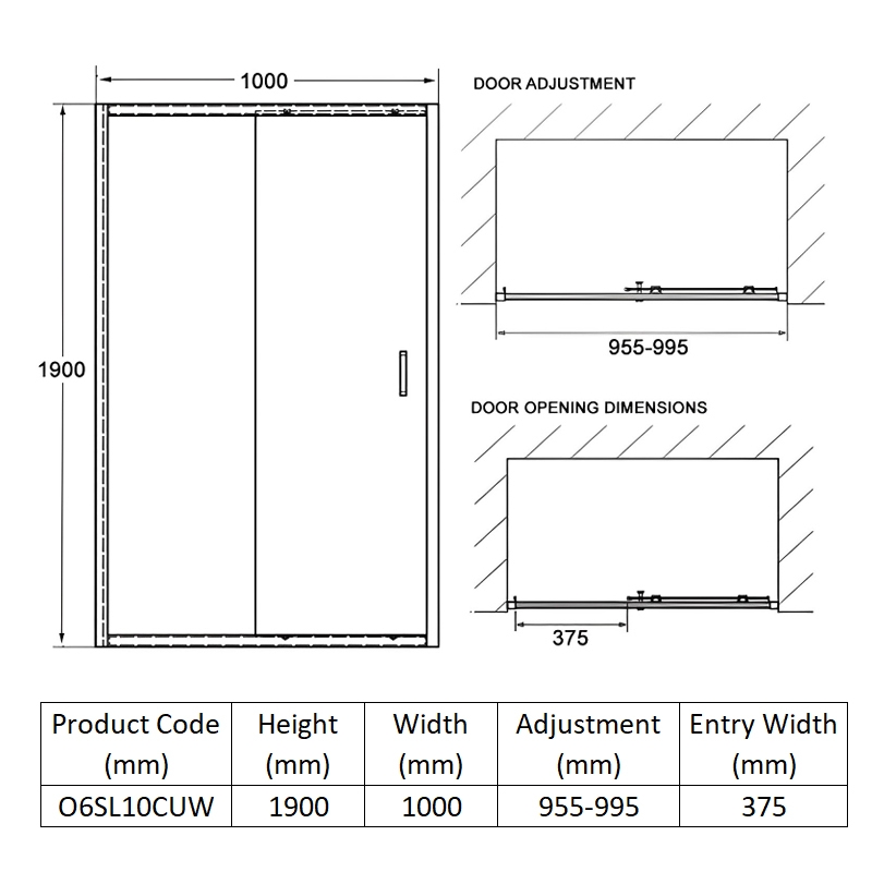 Coram Optima 6 White Sliding Shower Door 1000mm Wide - 6mm Glass