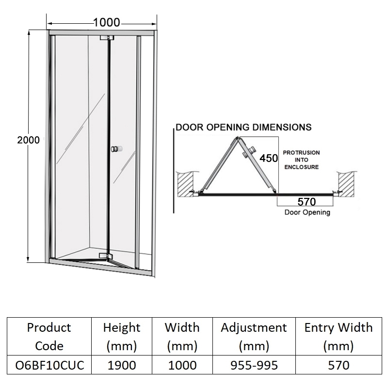 Coram Premier 8 Bi-Fold Shower Door 1000mm Wide - 8mm Glass  | Dimension Image
