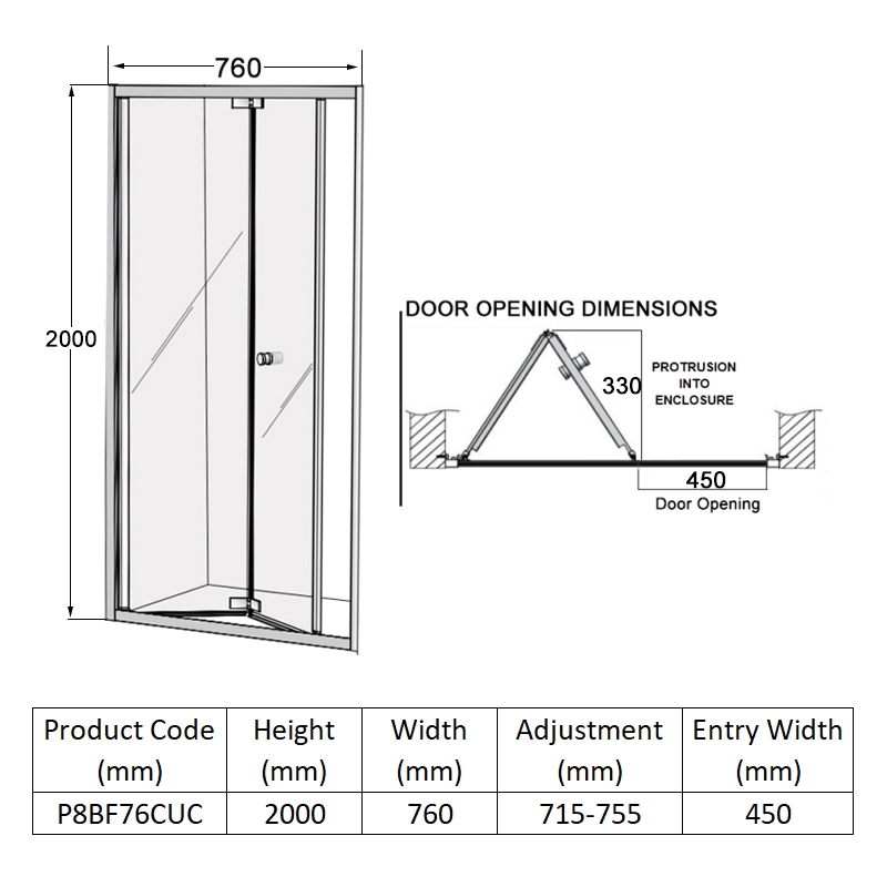Coram Premier 8 Bi-Fold Shower Door 760mm Wide - 8mm Glass