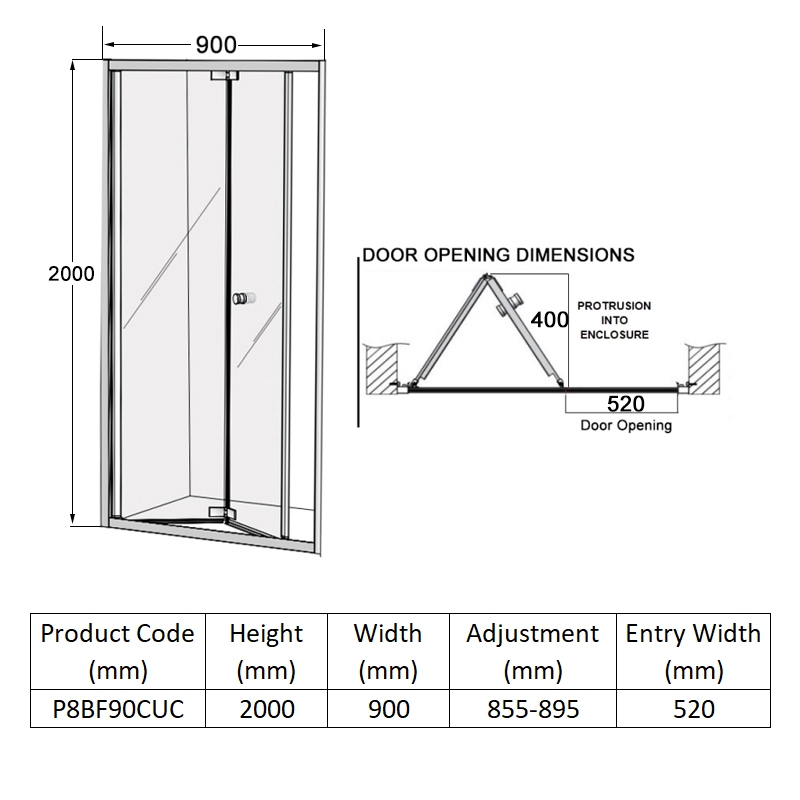 Coram Premier 8 Bi-Fold Shower Door 900mm Wide - 8mm Glass  | Dimension Image