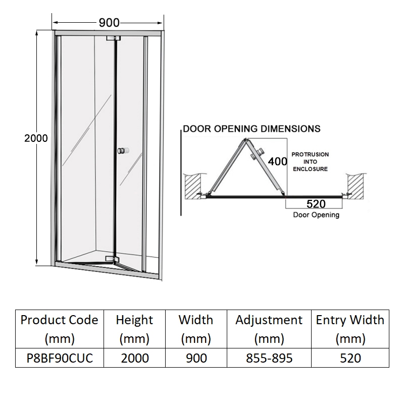 Coram Premier 8 Bi-Fold Shower Door 900mm Wide - 8mm Glass