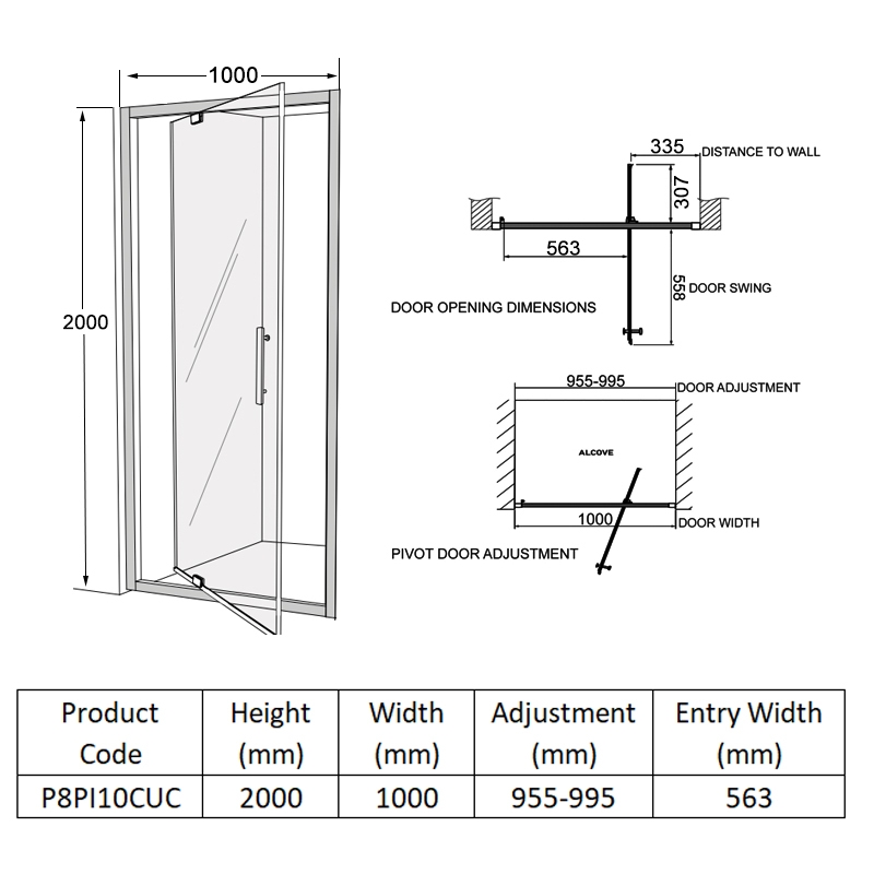 Coram Premier 8 Pivot Shower Door 1000mm Wide - 8mm Glass