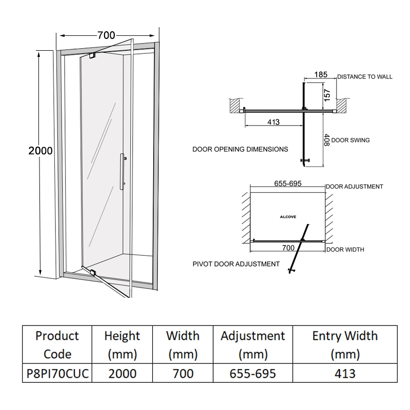 Coram Premier 8 Pivot Shower Door 700mm Wide - 8mm Glass