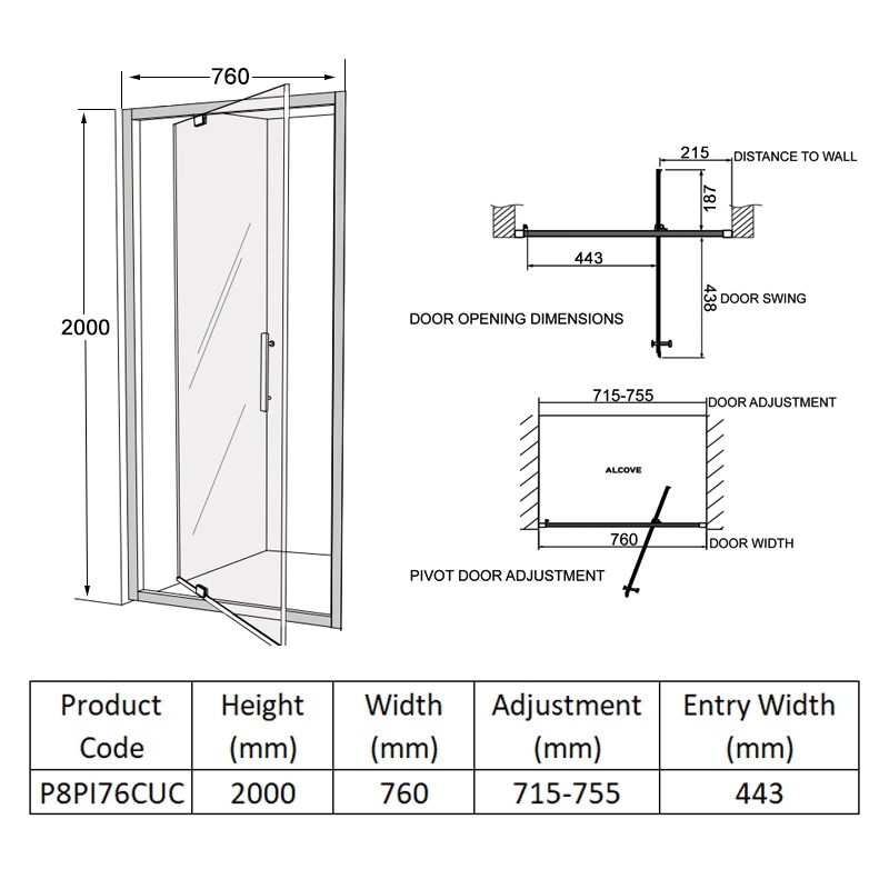 Coram Premier 8 Pivot Shower Door 760mm Wide - 8mm Glass