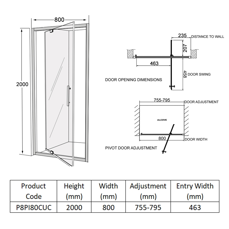 Coram Premier 8 Pivot Shower Door 800mm Wide - 8mm Glass