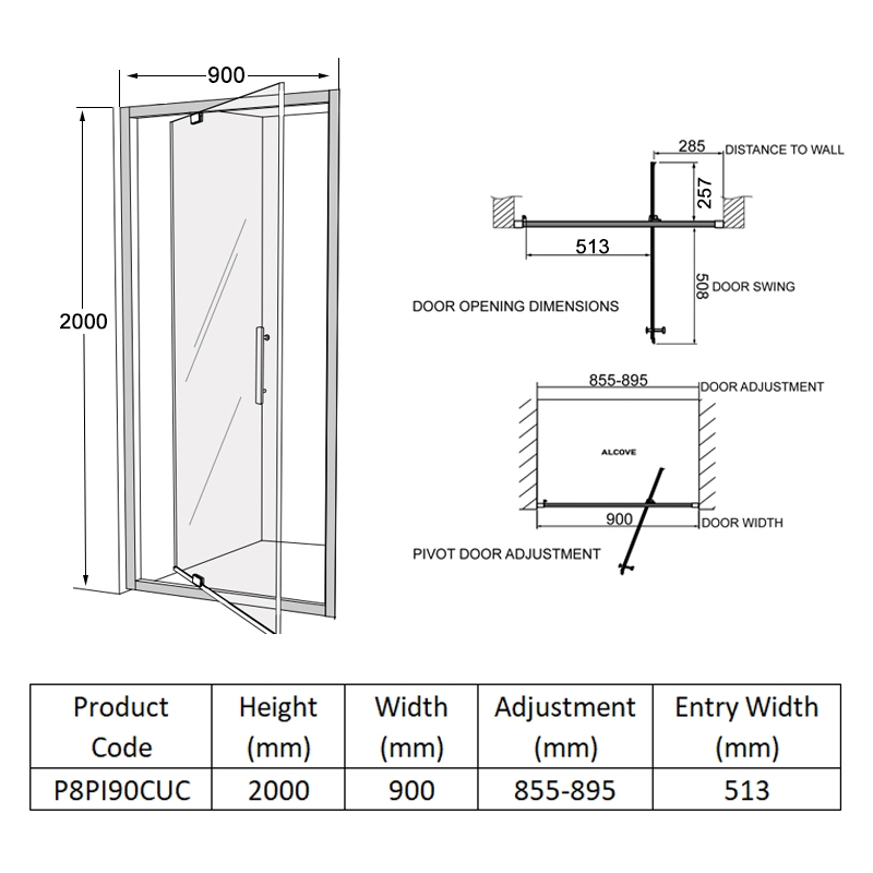 Coram Premier 8 Pivot Shower Door 900mm Wide - 8mm Glass