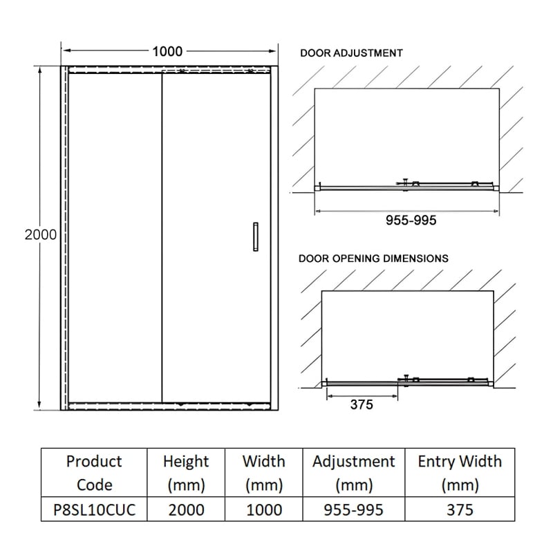 Coram Premier 8 Sliding Shower Door 1000mm Wide - 8mm Glass