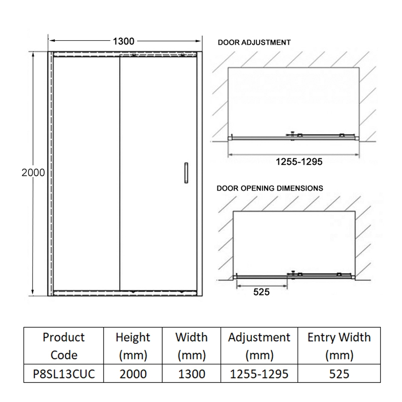 Coram Premier 8 Sliding Shower Door 1300mm Wide - 8mm Glass