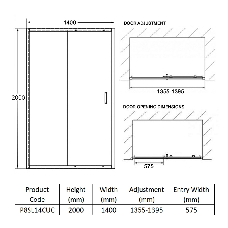 Coram Premier 8 Sliding Shower Door 1400mm Wide - 8mm Glass