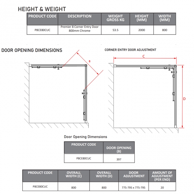 Coram Premier 8 Corner Entry Shower Enclosure 800mm x 800mm - 8mm Glass  | Dimension Image