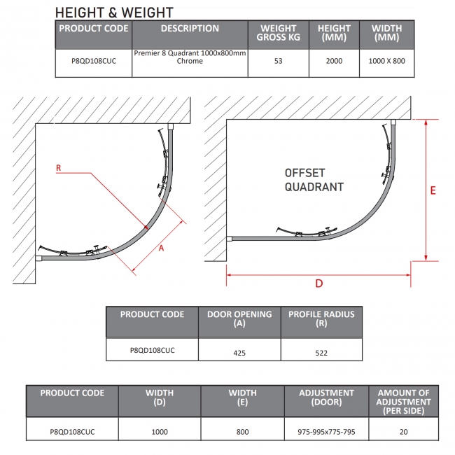 Coram Premier 8 Offset Quadrant Shower Enclosure 1000mm x 800mm - 8mm Glass
