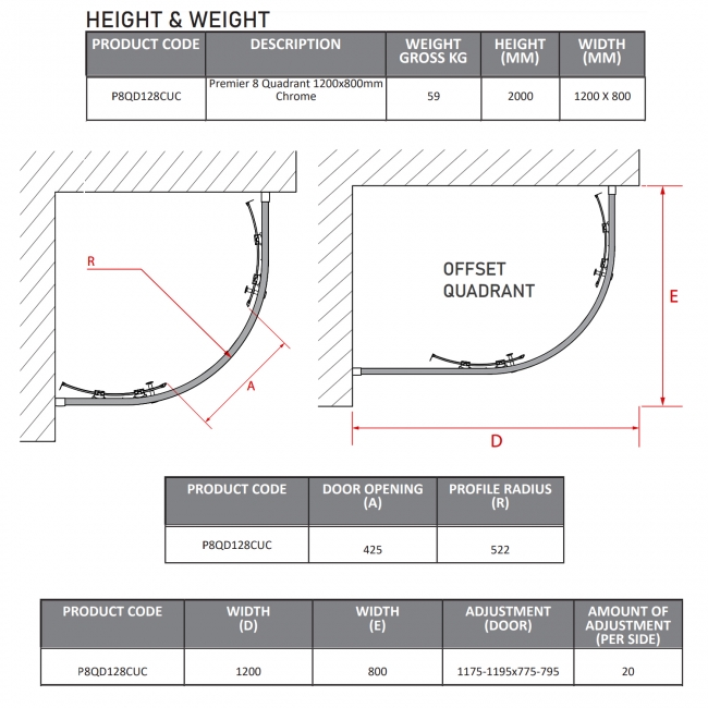 Coram Premier 8 Offset Quadrant Shower Enclosure 1200mm x 800mm - 8mm Glass  | Dimension Image
