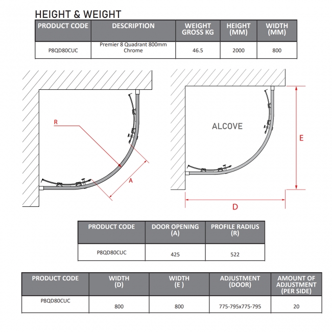 Coram Premier 8 Quadrant Shower Enclosure 800mm x 800mm - 8mm Glass