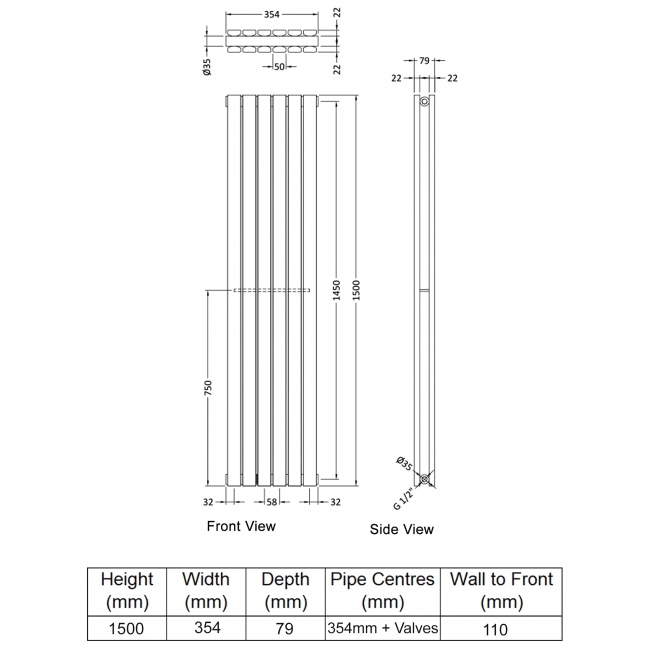 Delphi Accent Double Vertical Designer Radiator 1500mm H x 354mm W - Anthracite  | Dimension Image