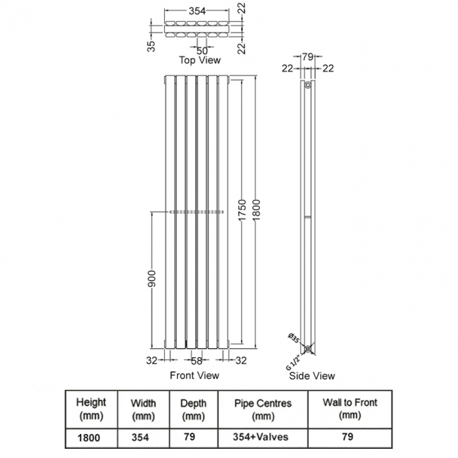 Delphi Accent Double Vertical Designer Radiator 1800mm H x 354mm W - Satin White  | Dimension Image