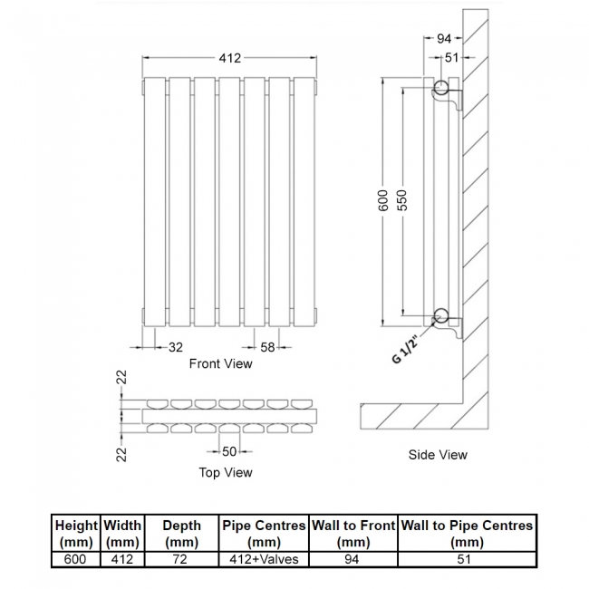 Delphi Accent Double Horizontal Designer Radiator 600mm H x 412mm W - Anthracite  | Dimension Image