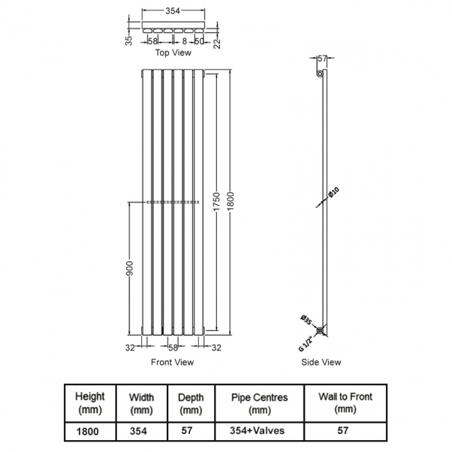Delphi Accent Single Vertical Designer Radiator 1800mm H x 354mm W - Anthracite  | Dimension Image
