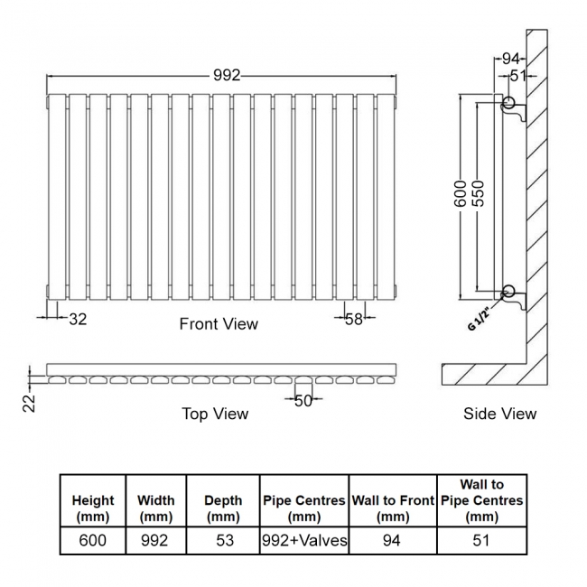 Delphi Accent Single Horizontal Designer Radiator 600mm H x 992mm W - Anthracite  | Dimension Image