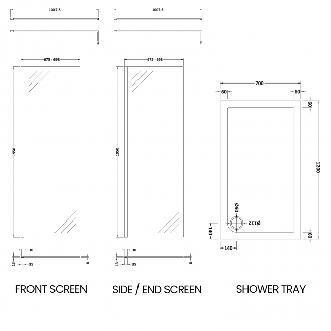 Delphi Accents Chrome Walk-In Shower Enclosure 1200mm x 700mm (inc White Tray)  | Dimension Image