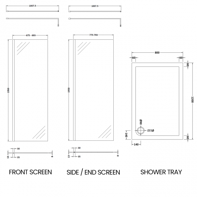 Delphi Accents Chrome Walk-In Shower Enclosure 1200mm x 800mm (inc White Tray)  | Dimension Image
