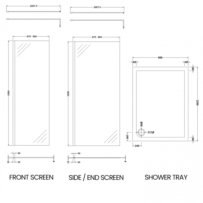 Delphi Accents Chrome Walk-In Shower Enclosure 1200mm x 900mm (inc Slate Grey Tray)  | Dimension Image