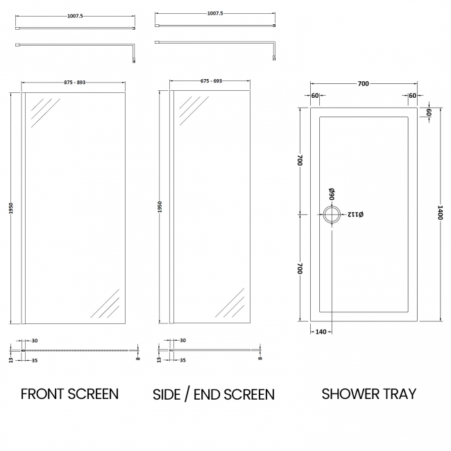 Delphi Accents Chrome Walk-In Shower Enclosure 1400mm x 700mm (inc Slate Grey Tray)  | Dimension Image