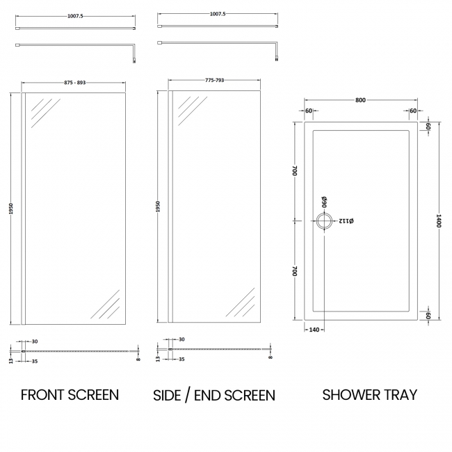 Delphi Accents Chrome Walk-In Shower Enclosure 1400mm x 800mm (inc White Tray)  | Dimension Image