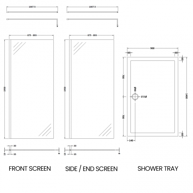 Delphi Accents Chrome Walk-In Shower Enclosure 1400mm x 900mm (inc Slate Grey Tray)  | Dimension Image