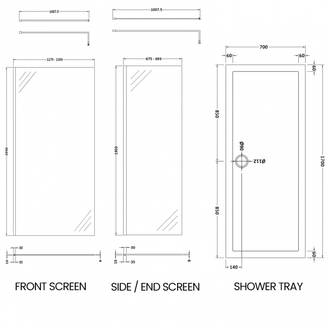 Delphi Accents Chrome Walk-In Shower Enclosure 1700mm x 700mm (inc White Tray)  | Dimension Image
