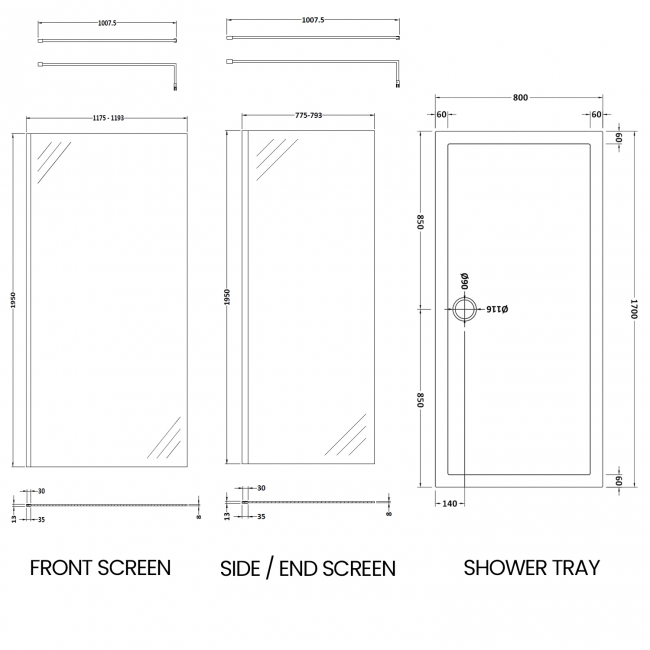 Delphi Accents Chrome Walk-In Shower Enclosure 1700mm x 800mm (inc White Tray)  | Dimension Image