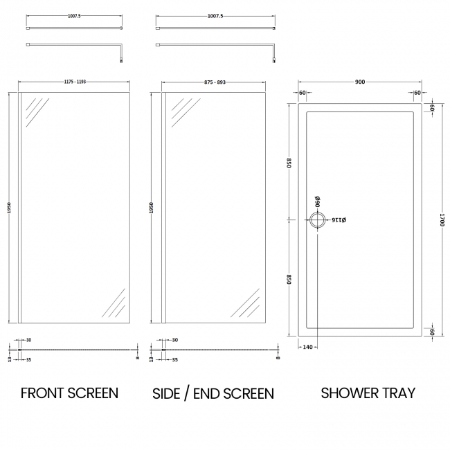 Delphi Accents Chrome Walk-In Shower Enclosure 1700mm x 900mm (inc White Tray)  | Dimension Image