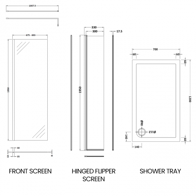 Delphi Accents Chrome Wet Room Screen with Hinged Return 1200mm x 700mm (inc White Tray)  | Dimension Image