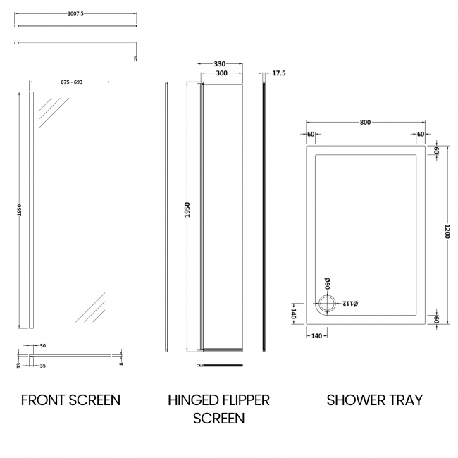 Delphi Accents Chrome Wet Room Screen with Hinged Return 1200mm x 800mm (inc White Tray)  | Dimension Image
