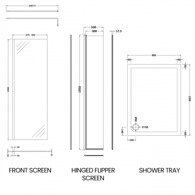 Delphi Accents Chrome Wet Room Screen with Hinged Return 1200mm x 900mm (inc White Tray)  | Dimension Image