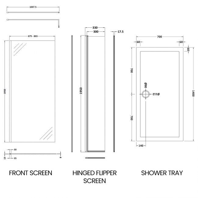 Delphi Accents Chrome Wet Room Screen with Hinged Return 1400mm x 700mm (inc Slate Grey Tray)  | Dimension Image
