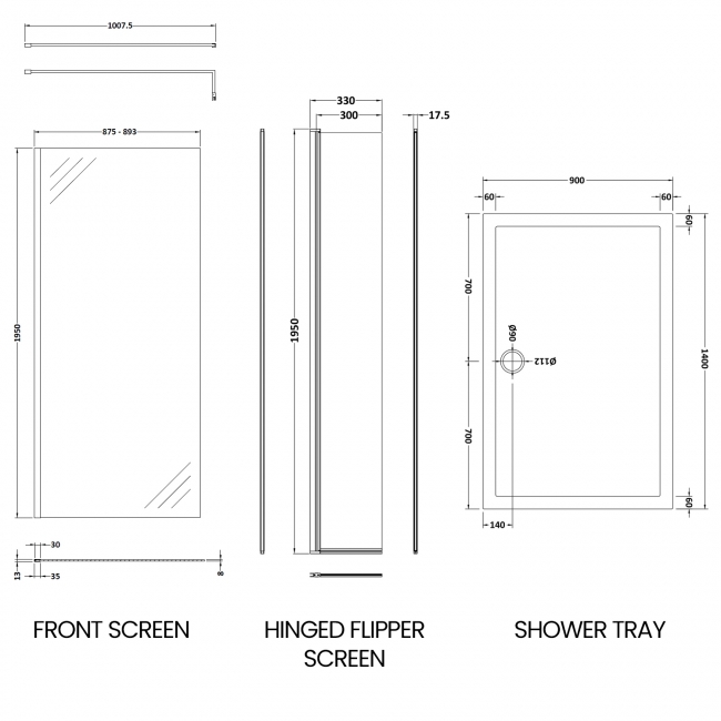 Delphi Accents Chrome Wet Room Screen with Hinged Return 1400mm x 900mm (inc Slate Grey Tray)  | Dimension Image