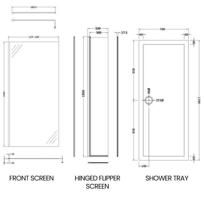 Delphi Accents Chrome Wet Room Screen with Hinged Return 1700mm x 700mm (inc Slate Grey Tray)  | Dimension Image