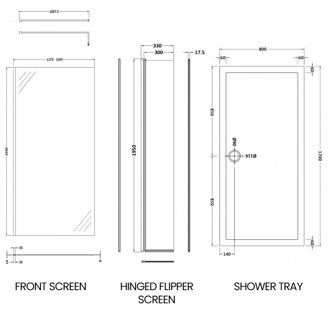 Delphi Accents Chrome Wet Room Screen with Hinged Return 1700mm x 800mm (inc White Tray)  | Dimension Image