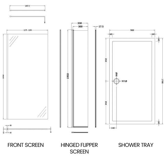 Delphi Accents Chrome Wet Room Screen with Hinged Return 1700mm x 900mm (inc White Tray)  | Dimension Image