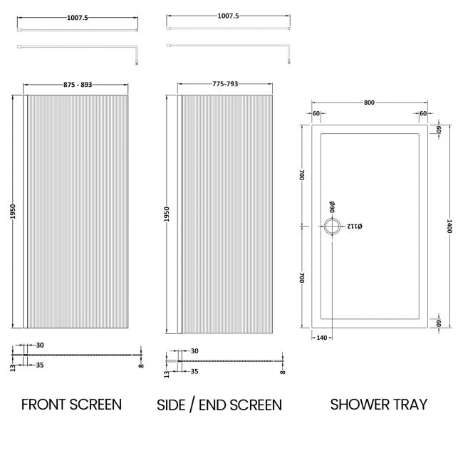 Delphi Accents Fluted Brushed Brass Walk-In Shower Enclosure 1400mm x 800mm (inc Slate Grey Tray)  | Dimension Image