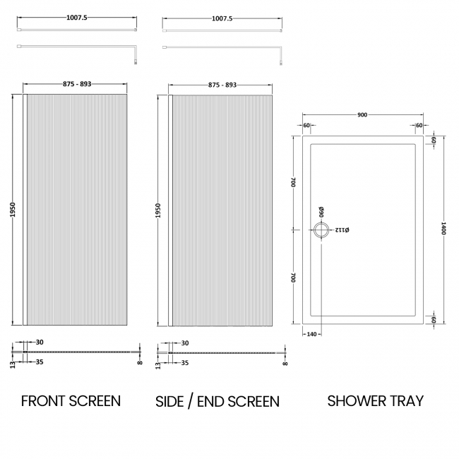 Delphi Accents Fluted Black Walk-In Shower Enclosure 1400mm x 900mm (inc White Tray)  | Dimension Image