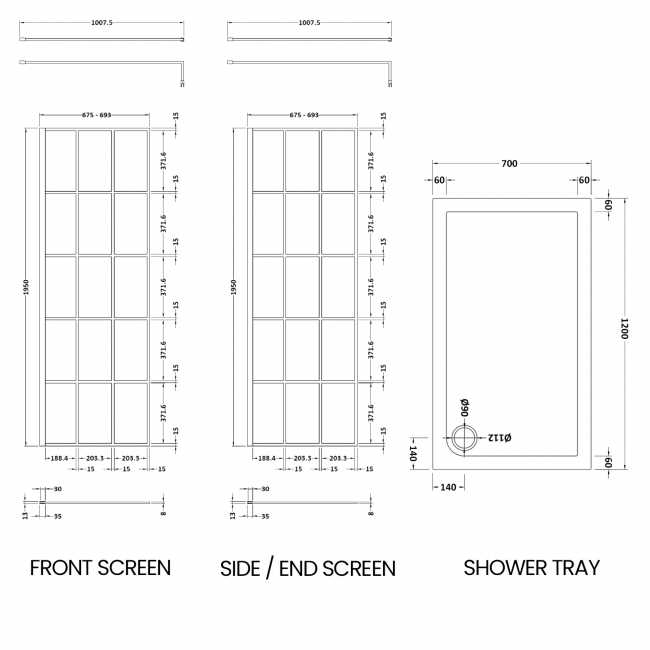 Delphi Accents Grid Walk-In Shower Enclosure 1200mm x 700mm (inc White Tray)  | Dimension Image