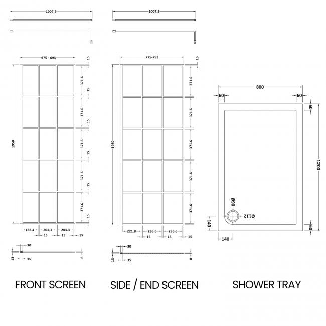 Delphi Accents Grid Walk-In Shower Enclosure 1200mm x 800mm (inc White Tray)  | Dimension Image