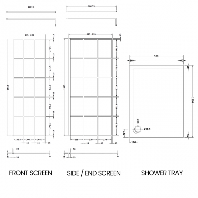 Delphi Accents Grid Walk-In Shower Enclosure 1200mm x 900mm (inc Slate Grey Tray)  | Dimension Image