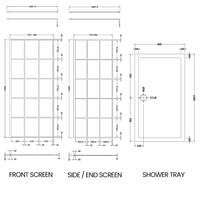 Delphi Accents Grid Walk-In Shower Enclosure 1400mm x 800mm (inc White Tray)  | Dimension Image