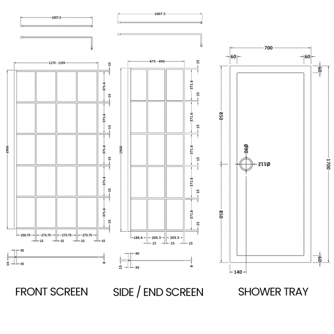 Delphi Accents Grid Walk-In Shower Enclosure 1700mm x 700mm (inc White Tray)  | Dimension Image